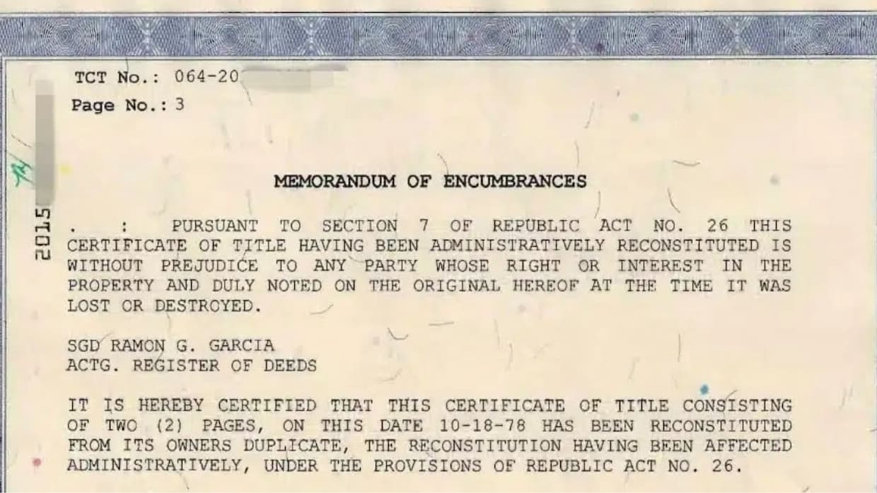Cancellation of Encumbrance Under Section 7 of R.A. No. 26 (Removing the “Reconstituted Title” Annotation)