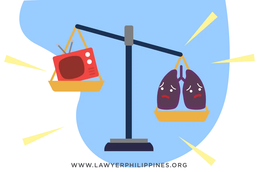 A picture showing a balance between a television representing commercial business and lungs to represent health, with the balance tilting in favor of health.