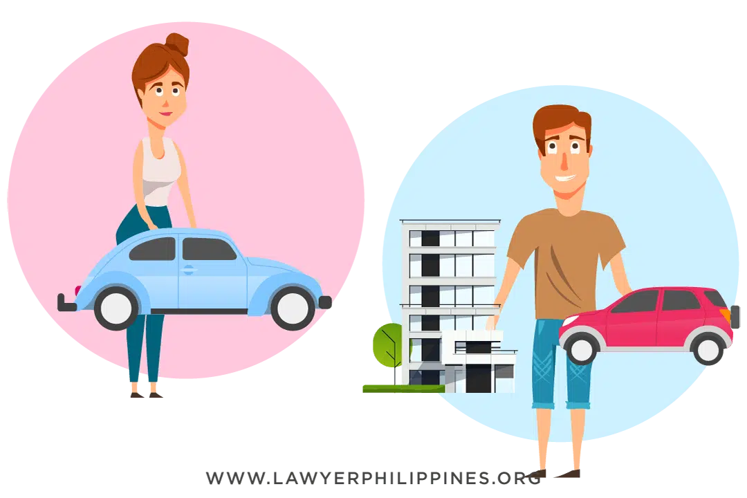A woman in a pink circle with a blue car signifying the property she brought into a marriage which remains hers alone under Conjugal Partnership of Gains. On the left a man in a blue circle with a Condominium block and a red car which remain his. Inheritance part of Conjugal Property?