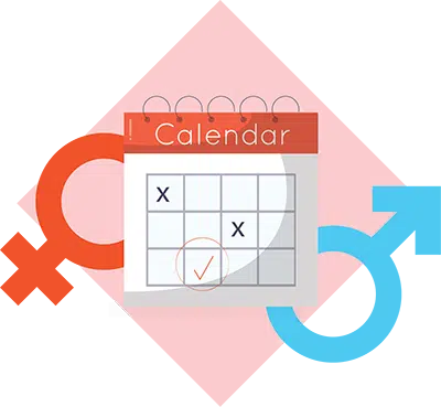 Male and Female gender signs behind a calendar with days marked with crosses to symbolize how you can the correct day, month and gender on your Philippine Birth Certificate if it was a clerical error.