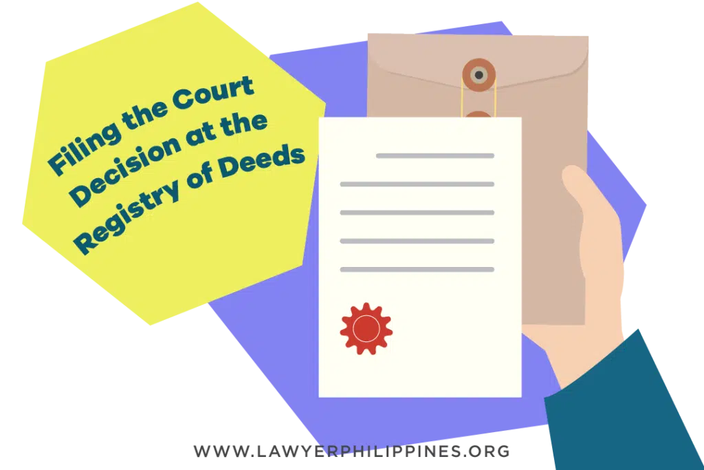 A hand holding an envelope and a Certificate of Title with the words "Filing the court decision with the Registry of Deeds". The article discusses Reissuance from the Affidavit of Loss to the Registration of the Court Decision.
