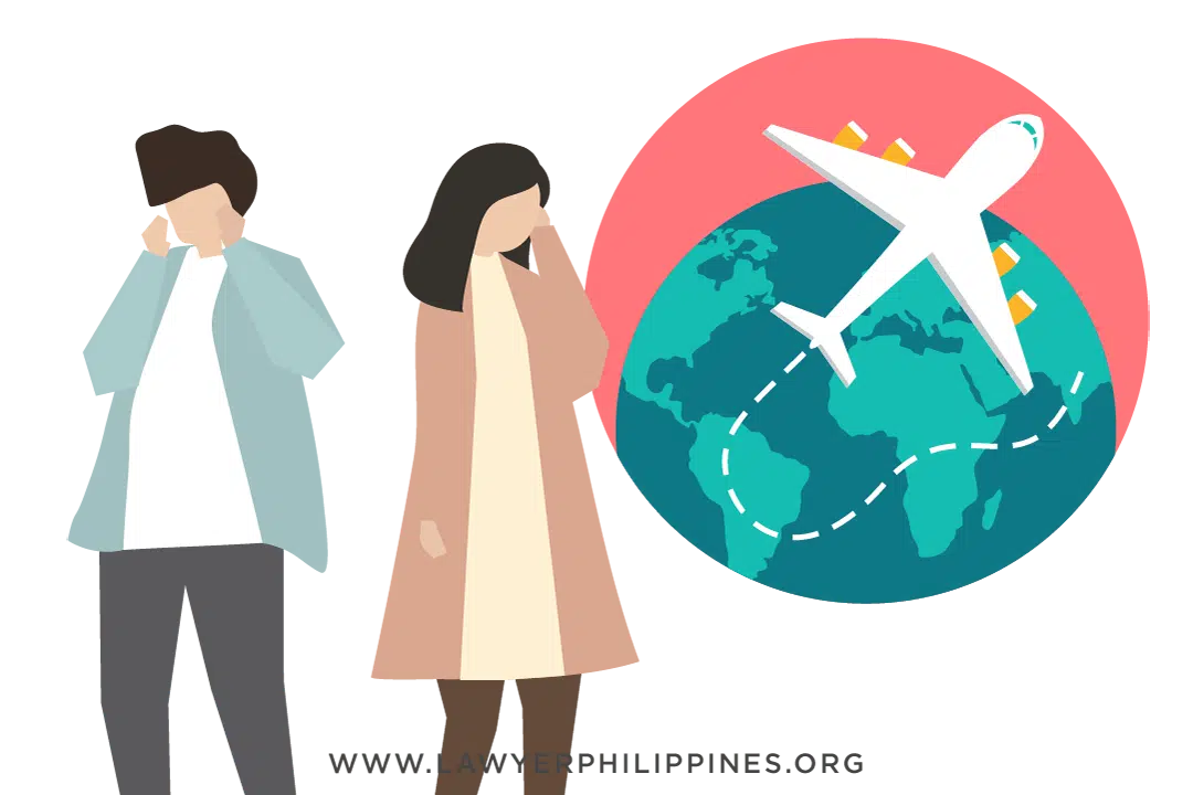 A man and a woman facing away from each other with a globe and an airplane behind them,