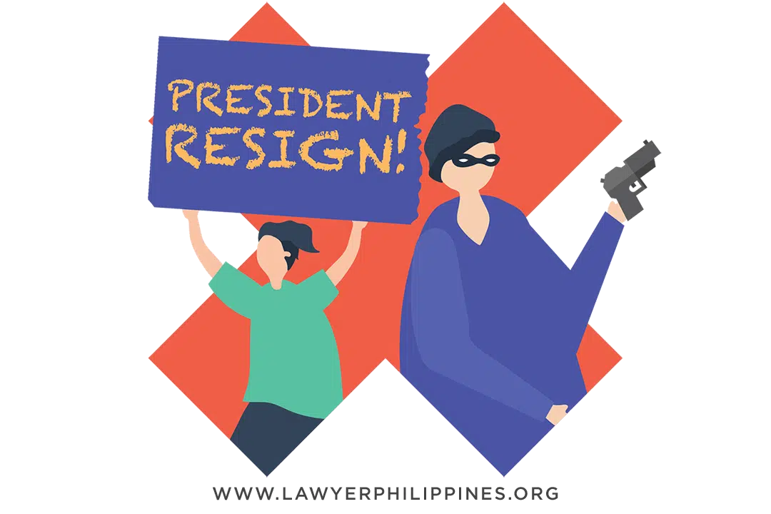One person with a 'President Resign' sign and a 2nd person holding a gun; Political destabilization efforts and violence are grounds to deny a Philippine Citizenship