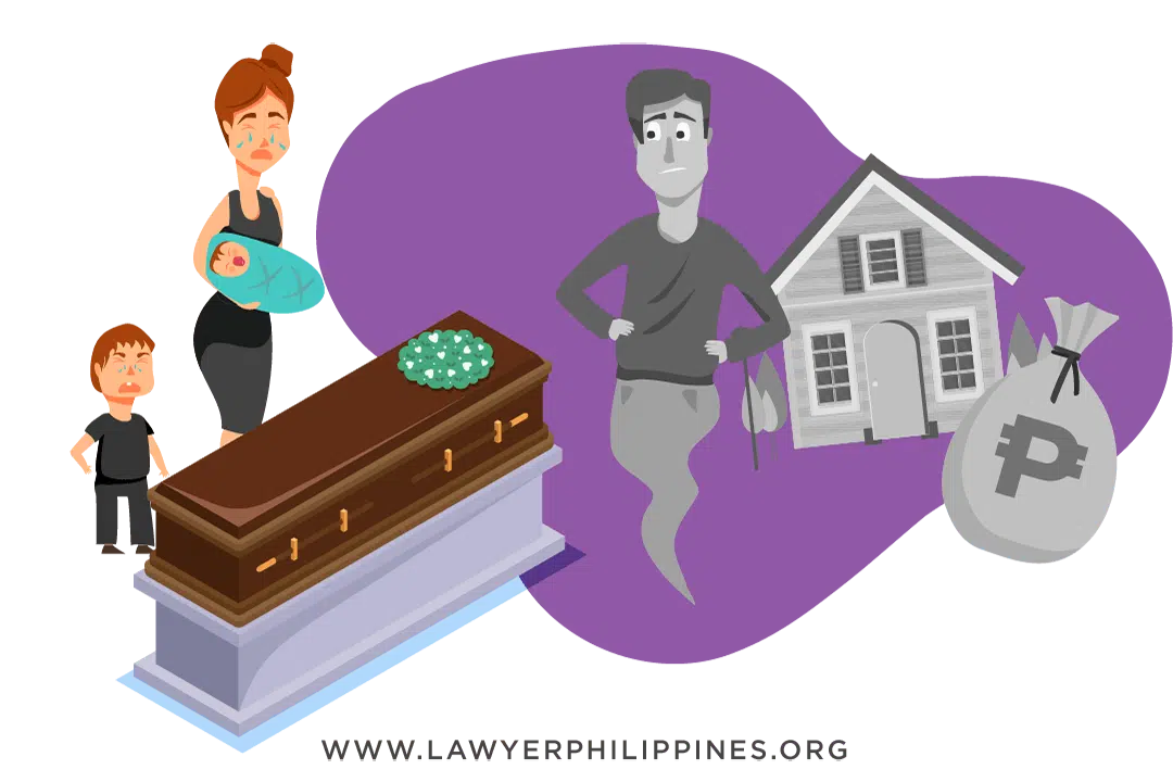 A woman holding a baby with a toddler by her side, grieving in front of a coffin. A ghostly image of her husband the family home and a bag of Philippine Pesos in faded grey is to the right of the coffin. Article Conjugal Property by Lawyers in the Philippines
