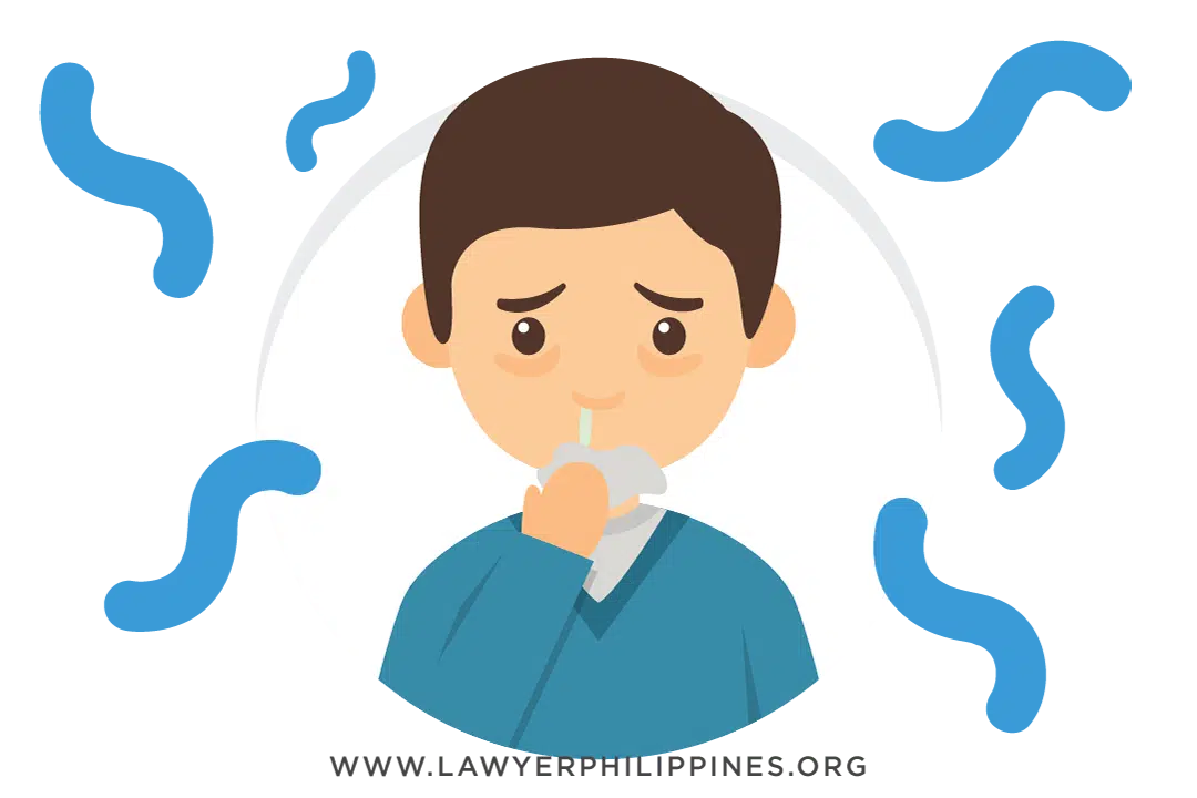 A man with a runny nose and tiny particles of bacteria around him