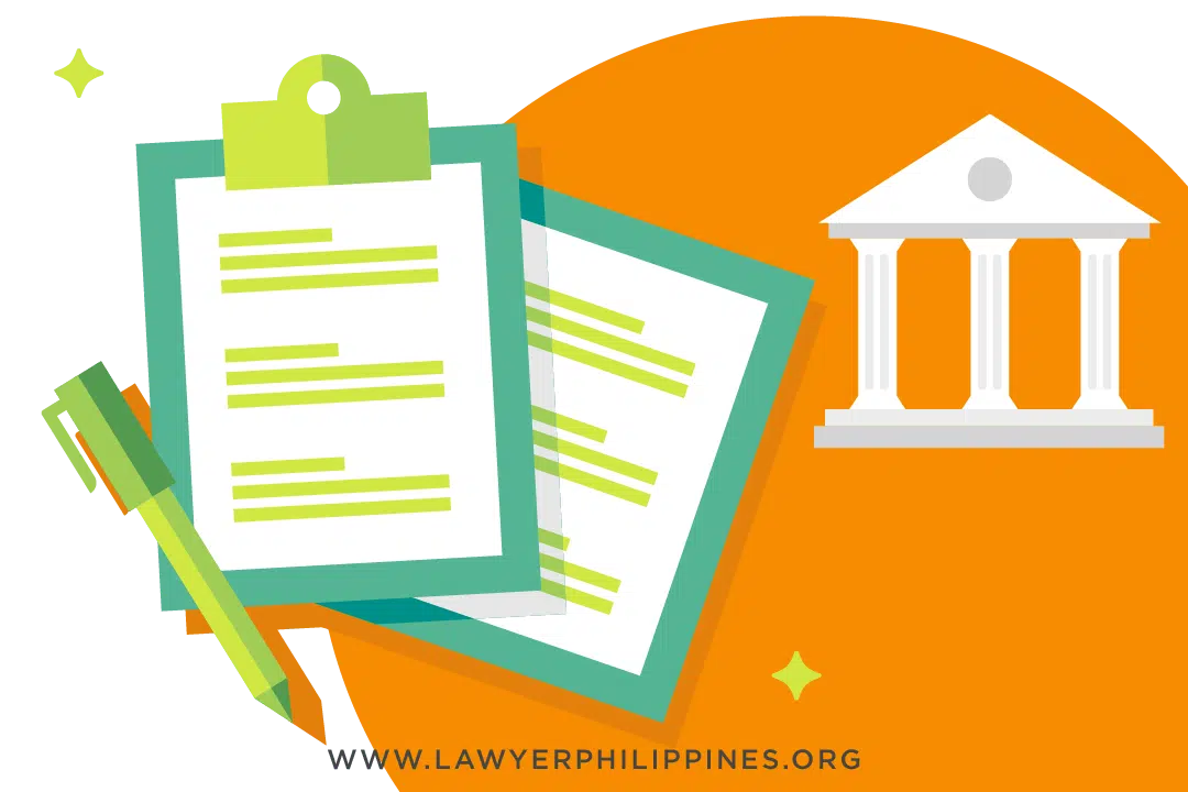A tribunal structure on the right and documents on the left