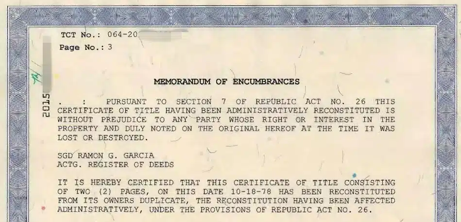 A sample of encumbrance page