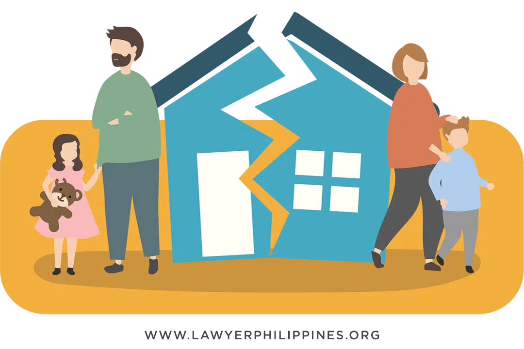 A house which is split in two, with the husband and one child on the left and the wife and one child on the right. Divorce in the Philippines