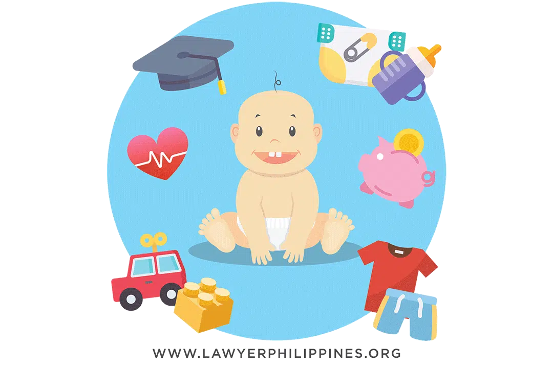 A cute baby on a blue background, surrounded by small images of a car, present, graduation cap, food and milk bottle, piggy bank and clothes; signfiying the expenses to consider for a Child Support Agreement Philippines.