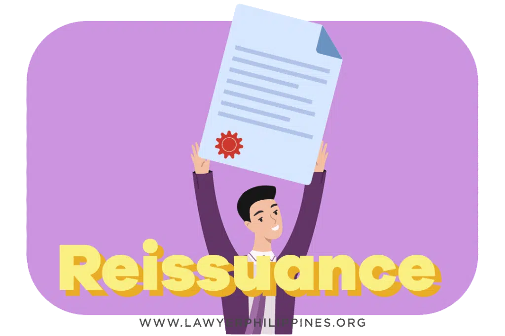 A man holding a Certificate of Land Title Philippines. The certificate has a dark red seal in the bottom left corner. Underneath the man in yellow text is the word "Reissuance". The article discusses the Process for Reissuance of Title in the Philippines.