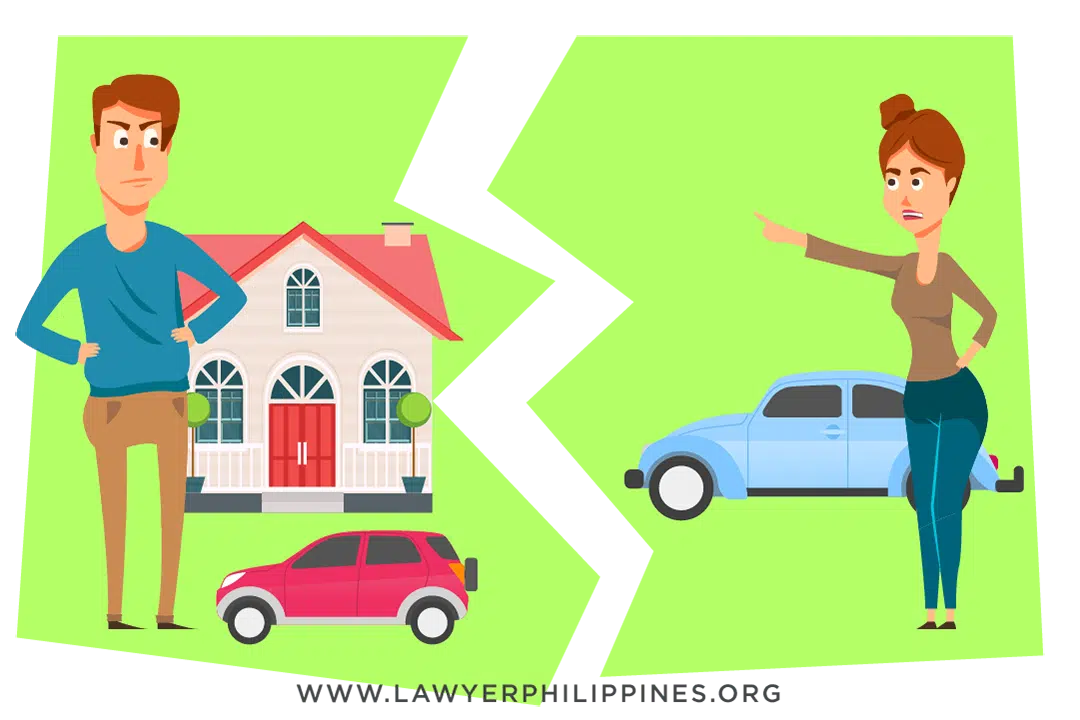 A husband on the left behind him is a house and car there is a white zigzag line indicating separation of properties and an angry wife is on the right standing in front of a blue car. Complete Separation of Properties by Lawyers in the Philippines