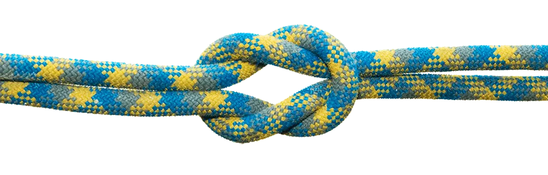 A knot tied with blue and yellow rope