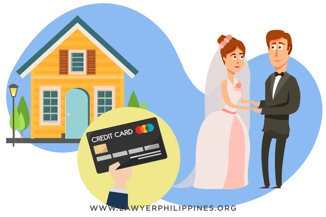 An orange house with a blue door, a bank card and a bride and groom, signifying a property bought on installment. Absolute Community of Property by Lawyers in the Philippines. Absolute Community of Property, Conjugal Partnership of Gains, Inheritance part of Conjugal Property?