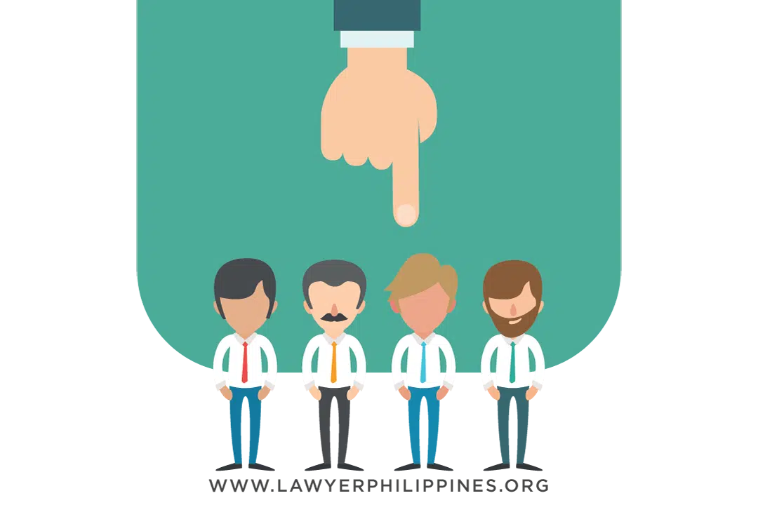 Four men in white shirts and ties in a row, above them a hand with a finger pointing to one man; Termination Philippines is allowed due to business slowdowns under Authorized Causes.