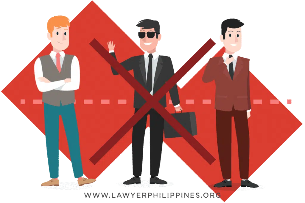 Three men standing together.  The "middle man" standing in the middle has a large red cross over him.  Article What To Do When You Have Lost Your Philippine Land Title by Lawyers in The Philippines