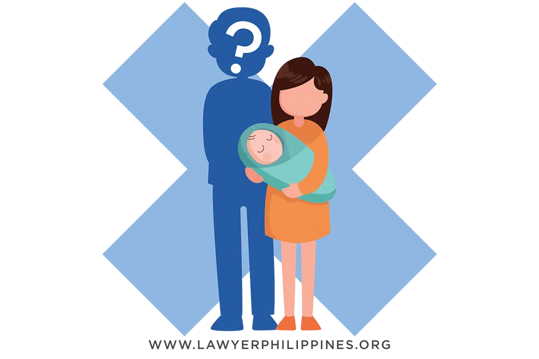 A woman holding a baby in her arms, next to her is a silhouette of the father with a question mark over his face. Behind them an X mark. A father can be charged through Republic Act 9262 when he doesn't provide support