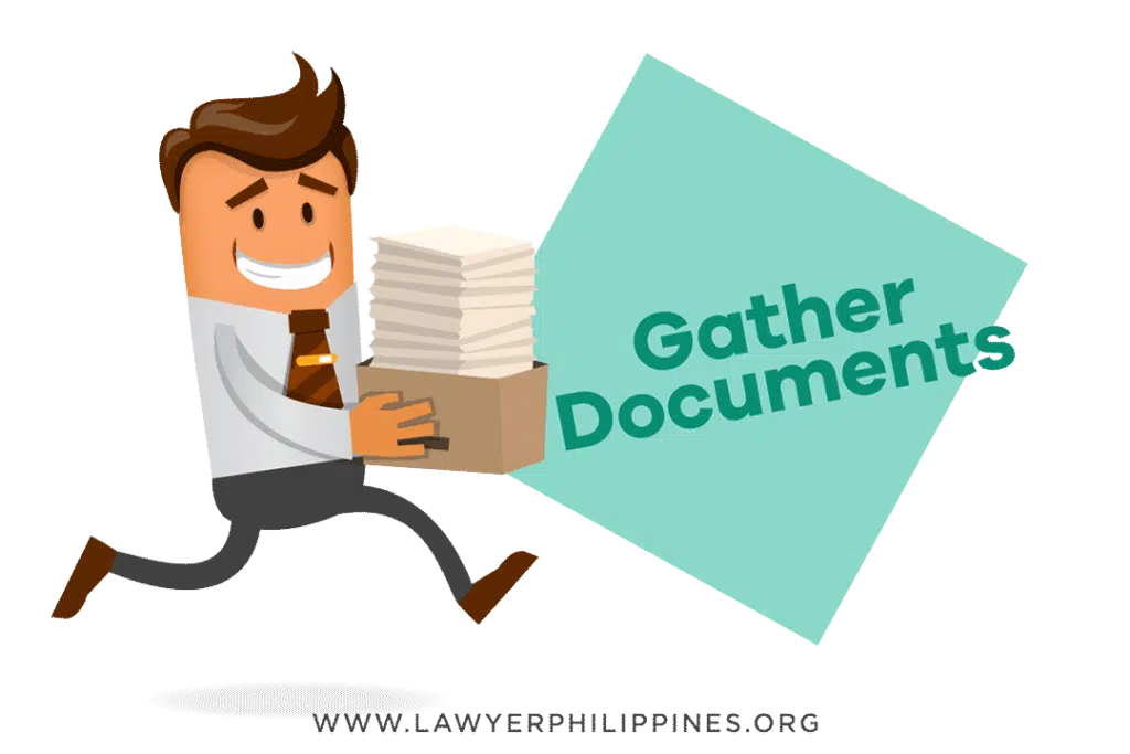 A man running with a box piled high with legal documents proving ownership of land, with the words "gather documents". All are needed for the lost Title process in the Philippines