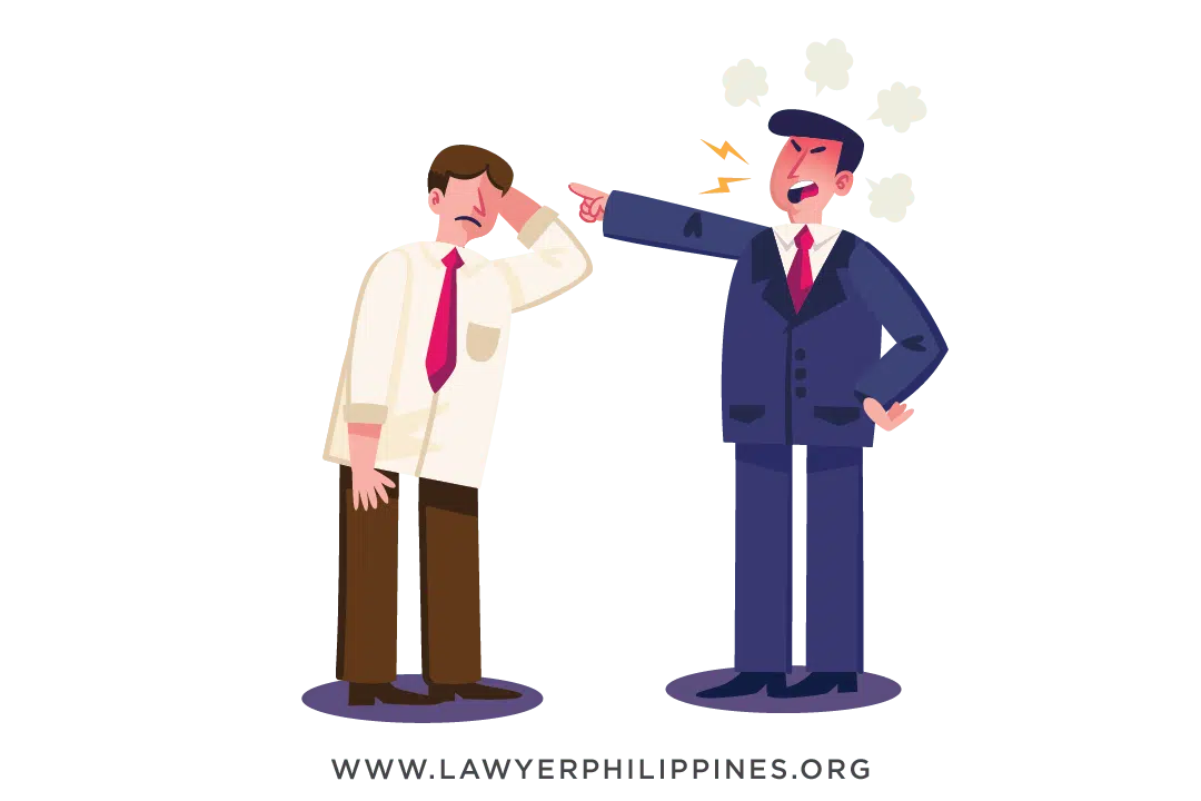 An angry red-faced boss in a blue suit shouting at a male employee
