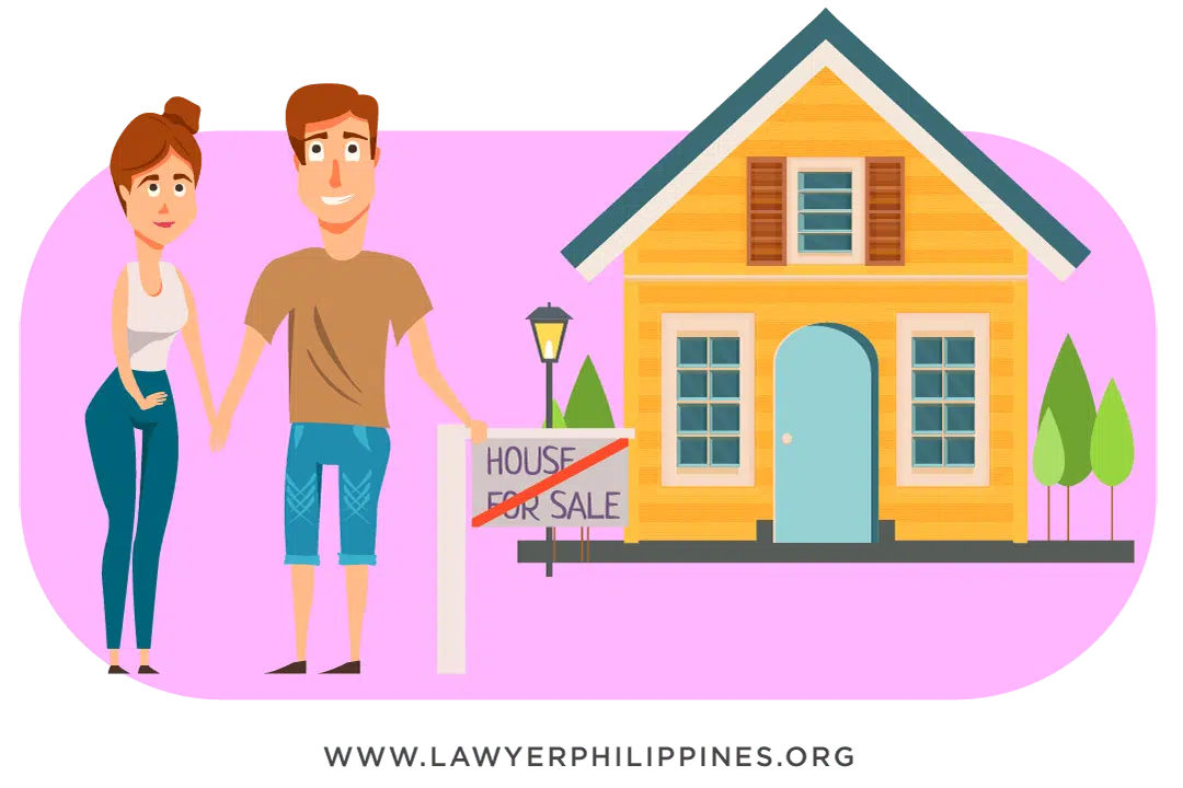 A husband and wife holding hands next to a yellow house, with a blue door and shuttered windows and a For Sale sign with a red line through it. Article Conjugal Property by Lawyers in the Philippines