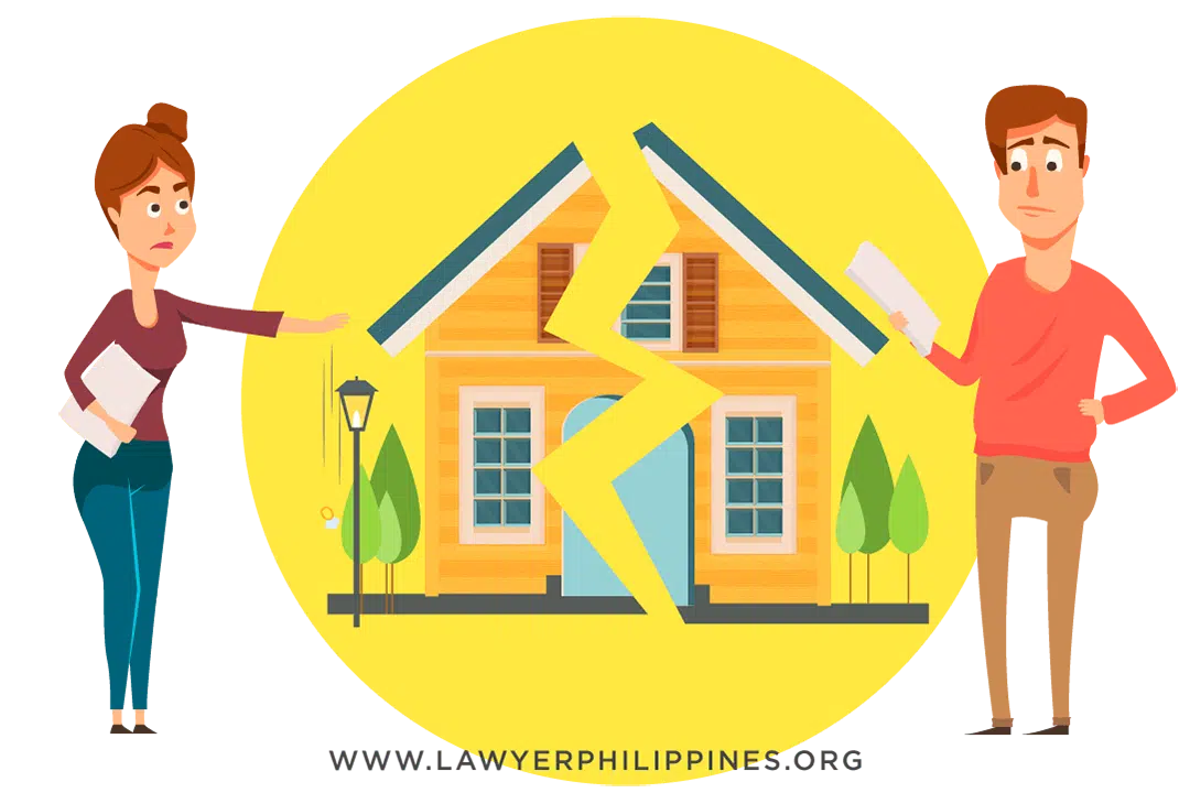 An orange house split in half. A husband and wife stand on opposite sides of the house. The wife is holding an Order of Dissolution of Marriage. Under Conjugal Partnership of Gains, What happens to property when a marriage is dissolved? Inheritance part of Conjugal Property?