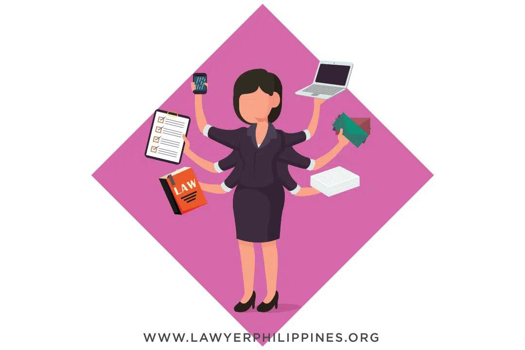 A woman with 6 arms holding a laptop, a calculator, law book on Philippine labor Law, files and other things an effective HR Officer must possess