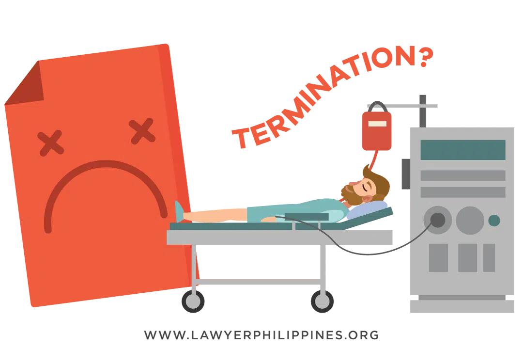 An ill man confined at the hospital with a notice of termination behind the hospital bed.